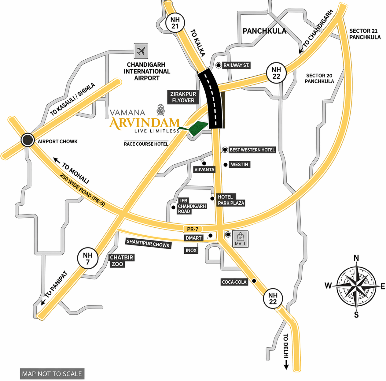 Vamana Arvindam Zirakpur location map near Chandigarh Airport Mohali highways connectivity